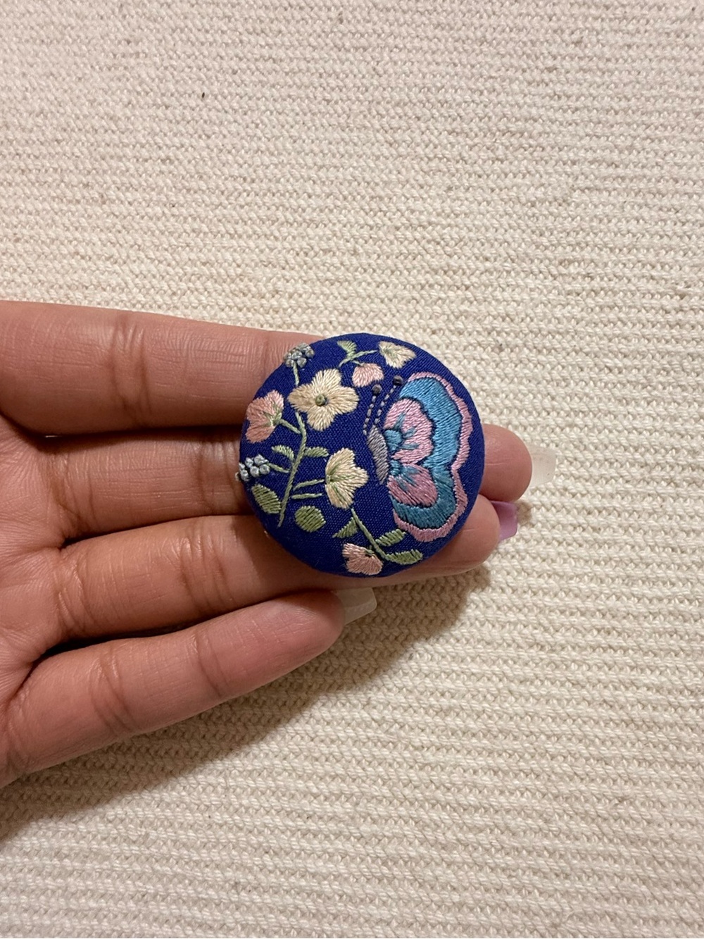 Vintage royal blue fabric butterfly brooch pin floral